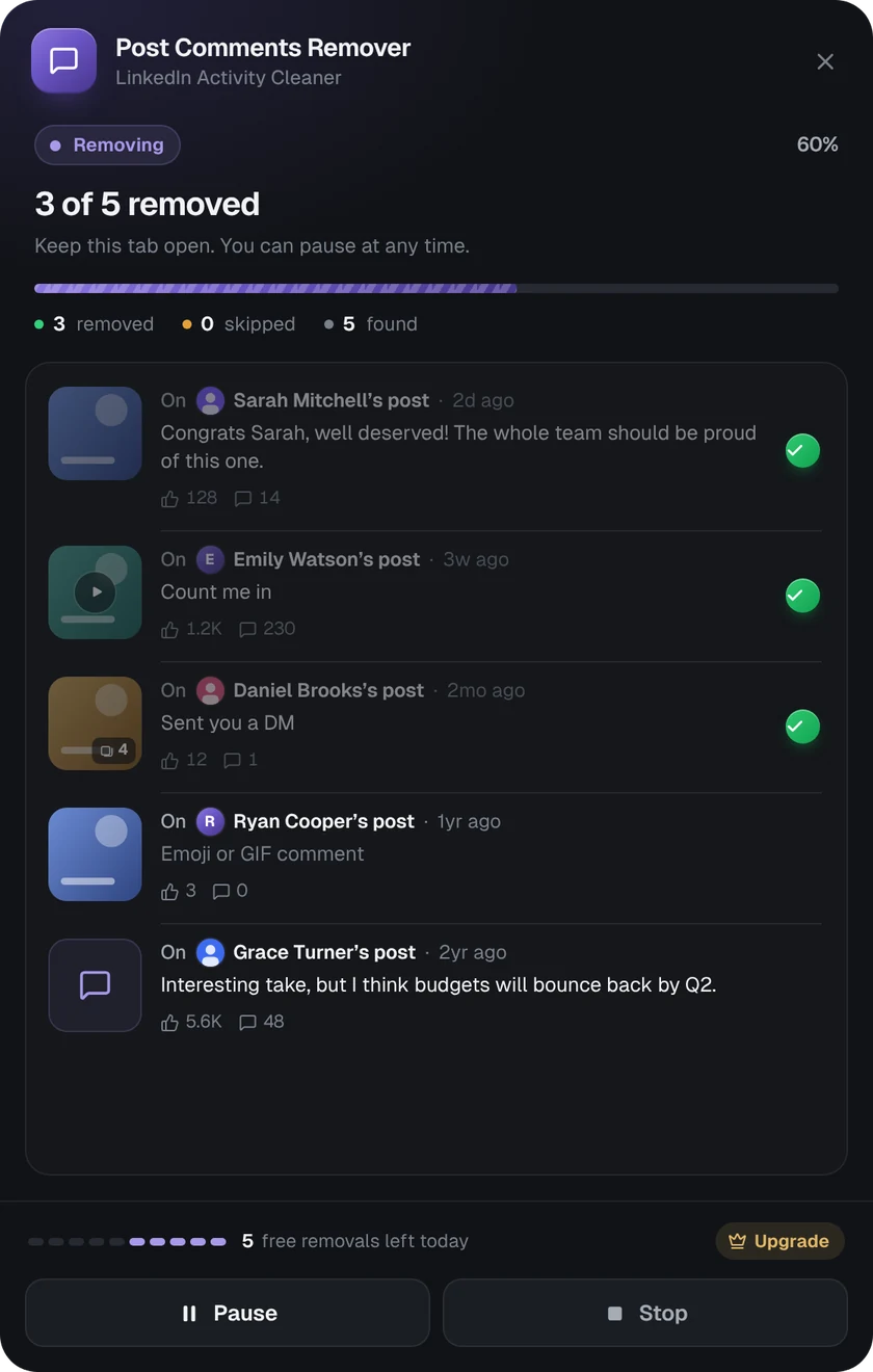 Activity Cleaner removing comments: 3 of 5 removed, with Pause and Stop buttons