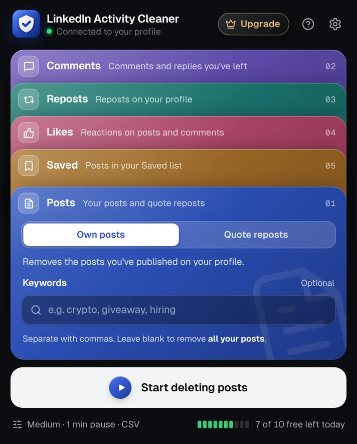 The Activity Cleaner menu in dark mode