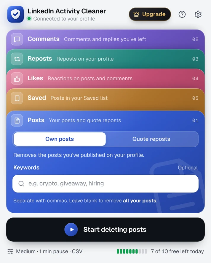 The Activity Cleaner menu in light mode, listing the five tools